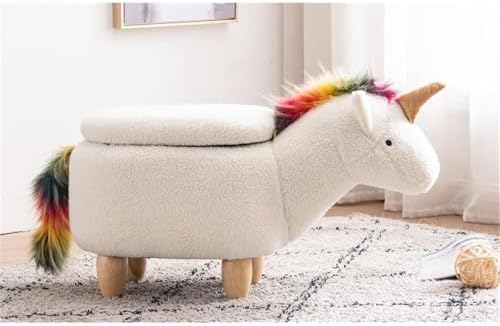 Home 2 Office Unicorn Ottoman with Storage for Bedroom, Playroom, Nursery or Recreation Room Decor, Soft Animal-Shaped Ottoman with Wooden Legs