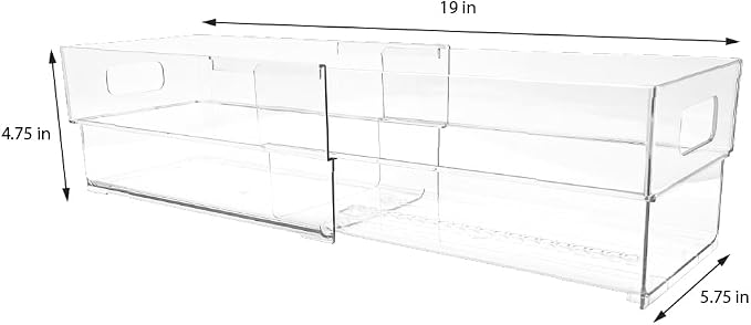 Isaac Jacobs 2-Pack Clear Expandable Storage Bins - Small | 11"-19" L x 5.8" W x 4.8" H, Plastic Organizer with Cut-Out Handles, Adjustable Length from 11-19" for Home, Kitchen & Office