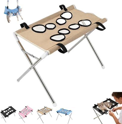 Foldable Pet Bathing Stand, Portable Dog Shower Grooming Racks，Beige | Pet Grooming Hammockes Hanging Harness with Eight Holes,44 LBS Weight Capacity Pet Grooming with Stand for Daliy Cares