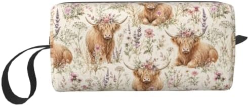 Highland Cow Wild Flowers Makeup Bag for Women | Small Travel Cosmetic Pouch with Zipper, Compact Makeup Organizer Bag for Purse, Toiletries, Skincare & Daily Essentials