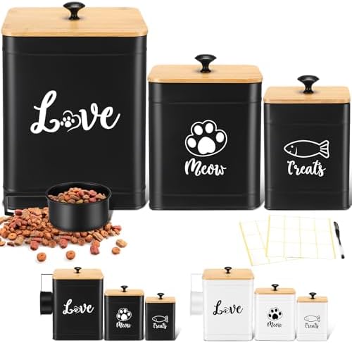 Jingmore Metal Airtight Cat Food Containers Set of 3 with Bamboo Lids and Spoon 7+3+2 Lbs Cat Treat Storage Container Countertop with DIY Labels Pet Cookie Organizer Jars for Kitchen Counter(Black)