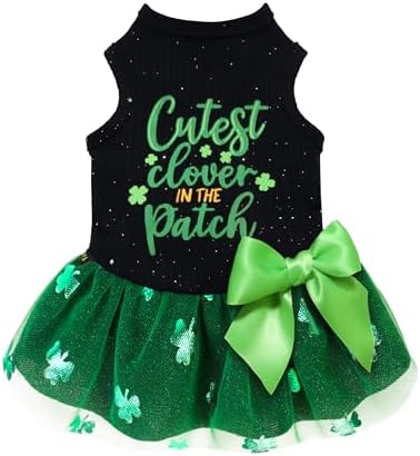 Fitwarm Cutest Clover in the Patch Dog Dress, St Patricks Day Dog Clothes for Small Dogs Girl, Funny Pet Cat Holiday Outfit, Black, Emerald Green, Medium