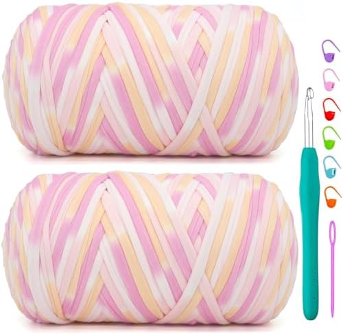 2 Pack Tshirt Yarn for Crochet,Rainbow T Shirt Soft Elastic Fabric Chunky Thick T-Shirt Crochet Yarn for Crocheting Knitting Beginner Hand Knitting Bag/DIY Craft/Home Decor 2 * 400G-Pink Tone