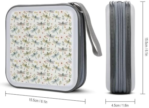 CD Case Holder for Car Floral Dragonfly 40 Capacity Zipper Disc Wallet | DVD Organizer Storage Binder, Floral Dragonfly Flowers Shockproof, Hard Plastic, Portable Hand Strap