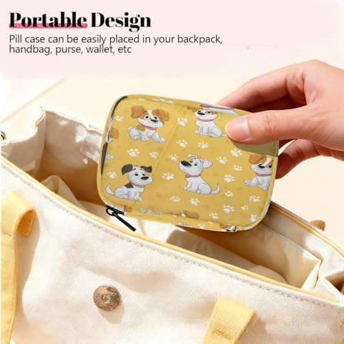 Weekly Pill Organizer Travel Size Bag with Removable 7 Day Pill Box Portable Vitamin Case Purse with Zipper,Puppy Dog Paw Prints Yellow Pattern