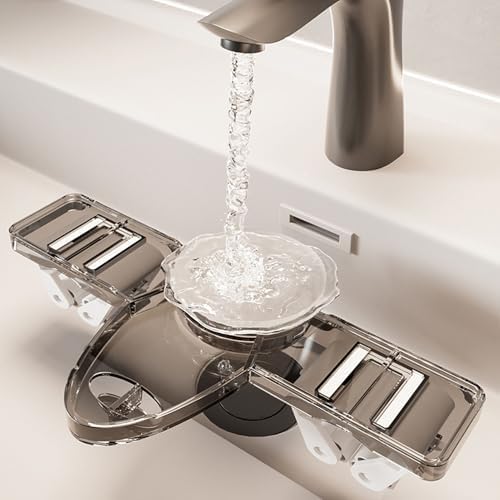 Wall Mount Broom Holder, Powerful Suction Cup Organizer with Two Hangers, Sturdy PET Construction for Bathroom, Kitchen, Laundry Room (Clear Grey)