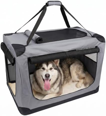 XXL Soft Collapsible Dog Crate for Large Dogs - 3-Door Portable Folding Kennel with Washable Cover, Fleece Bed, Side Pocket, Safety Zippers - XXL Size