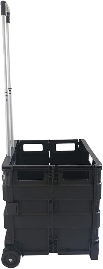 SECO Large Foldable Rolling Crate | Plastic Storage Box with Wheels | Black | Large Foldable Rolling Crate | 77 lb Capacity | Telescopic Handle | Smooth-Rolling Wheels | Flat Storage