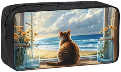 Cat on Windowsill Large Pencil Case, Durable Pen Bag Zipper Organizer Pouch for Office Travel for Women Men