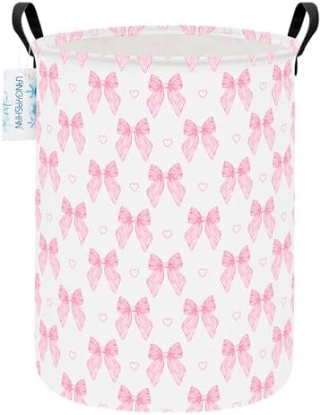 Round Laundry Basket Collapsible Storage Hamper Pink Bowknot | Waterproof Canvas Foldable Baskets with sturdy Handles Multi-scene Organizer for Home Play Bedroom Gift Bin