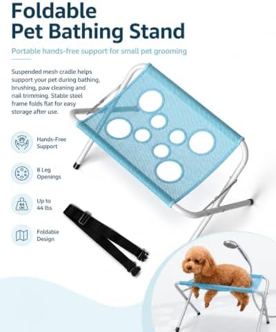 Foldable Pet Bathing Stand Portable Dog Shower Grooming Rack | With 8 Leg Openings 44 LBS Capacity Pet Grooming Hammock and Stand for Small Dogs and Cats, Bathing, Nail Trimming and Daily