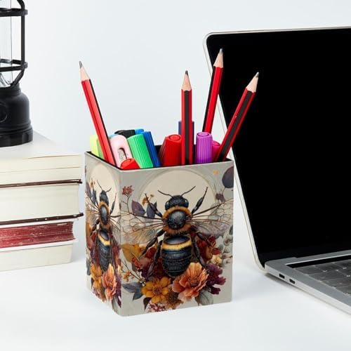 Cute Bee Pen Holder for Desk Decor, Rectangular PVC Leather Pencil Cup for Desk Pen Organizer, Makeup Brush Holder for School, Home, Office