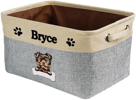 Personalized Fabric Dog Toy Storage Basket with Cute Dog Yorkie Collapsible Sturdy Fabric Bone Pet Toys Storage Bin Cube with Handles for Organizing, Grey and White