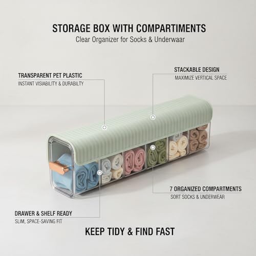 Clear PET Plastic Storage Box with Dividers, Stackable Organizer for Socks & Underwear, Drawer Bin (1 Pack)