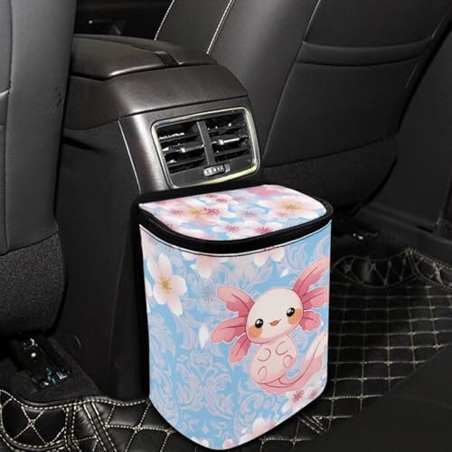 DISNIMO Cherry Blossom Axolotl Car Trash Can with Lid Cute Car Accessories Leak Proof Car Trash Bag Hanging Car Garbage Can Multipurpose Storage Container for Back Seat Road Trip