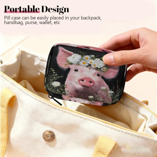 Weekly Pill Organizer Travel Size Bag with Removable 7 Day Pill Box Portable Vitamin Case Purse with Zipper,Pink Pig Flower Crown Oil Painting