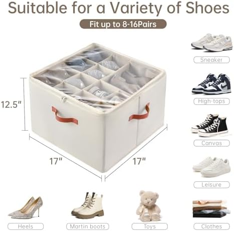 INSTY 2 Pack Shoe Organizer for Closet, Fits up to 32 Pairs, Adjustable Dividers for Shoe Storage, Fabric Shoe Storage Bins with Clear Cover, Beige