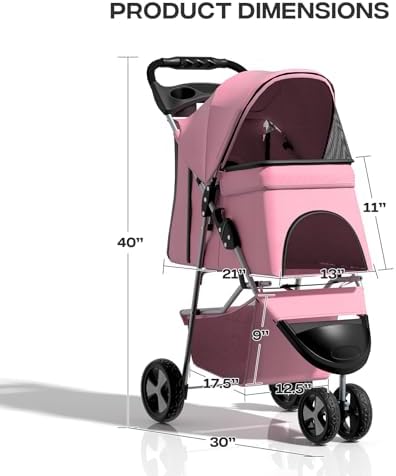 Foldable 3-Wheel Pet Stroller for Small/Medium Dogs & Cats, Pink | Storage Basket & Cup Holder, Breathable Mesh Cover, Lightweight and Durable, for Small to Medium Pets, up to 33 lbs
