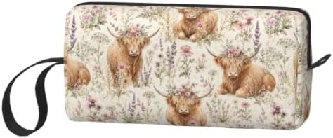 Highland Cow Wild Flowers Makeup Bag for Women | Small Travel Cosmetic Pouch with Zipper, Compact Makeup Organizer Bag for Purse, Toiletries, Skincare & Daily Essentials
