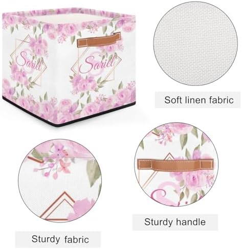 Personalized Storage Baskets for Organizing, Foldable Storage Bins with Handles Custom Cute Basket for Boys, Girls, Pet, Clothes, Blanket, Bedroom Nursery Toy Storage Gift,13 x13 x13 Inch, Flower Pink