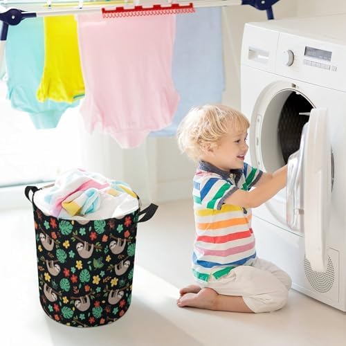 Foldable Waterproof Laundry Basket Floral Flowers Cute Branch Sloth, Portable Hamper with Handles for Clothes, Toy, and Bedroom Organization