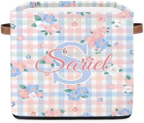 Storage-Basket with Handle Personalized Decor-Organizer-Bins for Bedroom Collapsible Laundry Basket as Gifts for Girls Boys Baby Adults Floral Plaid Storage-Bins