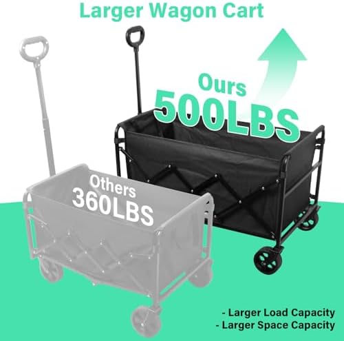 Folding Wagon Cart with All-Terrain Wheels – Heavy Duty Collapsible Utility Wagon for Grocery, Sports, Garden, Camping, Shopping (Black 500LBS)