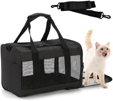 Travel Carrier for Cats,Cat Soft-Sided Carriers Ventilated Breathable Foldable Kitten Carrier Soft Airline Approved Carrier for Small Dogs Kitty Puppies Under to 12 Lb(Black)