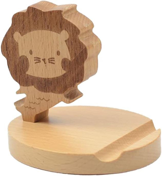 Cell Phone Tablet Wooden Stand Dock Holder Cradle Mount Organizer Charger Station Table Desk Room Office School Kitchen Non-Slip Wood (Lion)