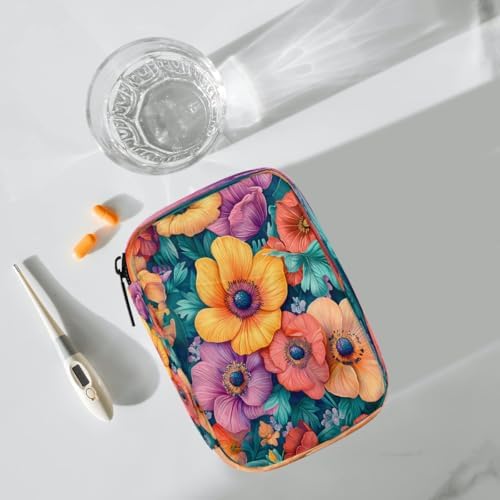 Pill Organizer Box Flower Flowers Colorful 7-Day Weekly Medicine Pill Case Travel Pill Container Portable Pill Holder Storage Purse Bag Small Compact Size for Vitamin Supplement Birth Control