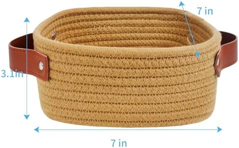 ABenkle Small Storage Basket, Mini Baskets, Cute Rope Woven Baskets for Organizing, Square Shelf Storage with Handle, Boho Decorative Toy Bin for Nursery, Spa, Empty Gift Basket - XS, Brown