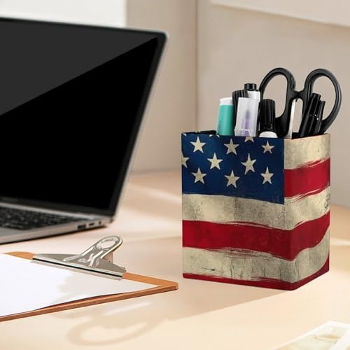 Pen Holder Square Desktop Organizer Pencil Cup For Desk, Office, Home And Stationary Supplies American Flag Art
