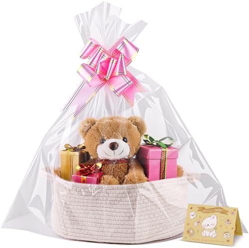 Small Woven Basket, 12" x 8" x 5", Gift Basket Empty with Ribbon and Gift Bag, Rope Basket for Baby Shower, Holiday Presents, Storage Basket with Handles for Nursery, Pet Toy Basket,White