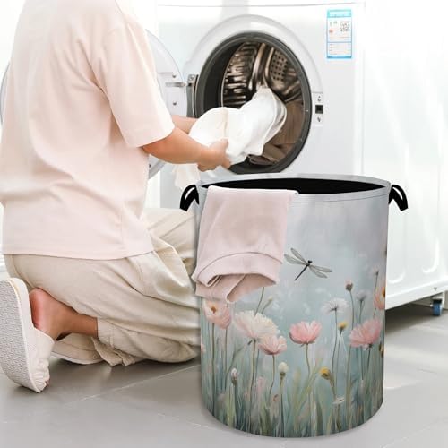 Dragonfly Laundry Hamper,Dandelion Flower Dirty Clothes Laundry Basket with Handles Waterproof Oxford Cloth Storage Basket for College Dorms Bathroom Bedroom 16" x 20.8"