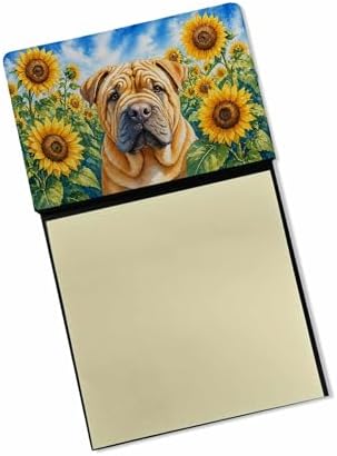 Caroline's Treasures Shar Pei in Sunflowers Watercolor Sticky Note Holder Refillable Dispenser Desk Accessory 3x3 Pad Gift