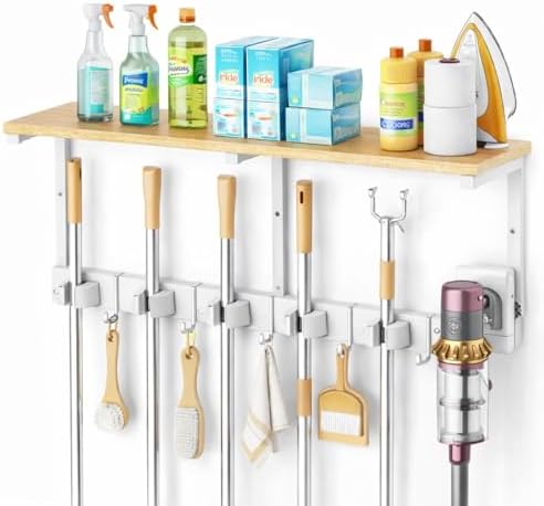 Upgraded Broom Holder Wall Mount with Shelf, Mop and Broom Organizer Wall Hanging, Cleaning Supplies Organizer with 5 Grippers, 4 Hooks and Vacuum Holder for Laundry Room, Garage, Kitchen