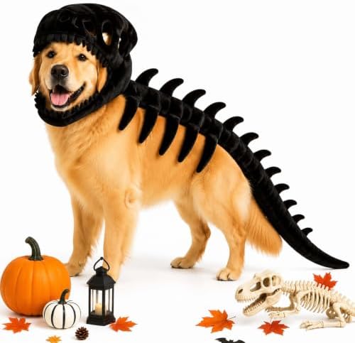 Pet Dinosaur Costume, 31.4inch Halloween 3D Skeleton Design Costume for Medium to Large Dogs, Realistic Dino Outfit for Pet Cosplay Party Family, Round and Chubby Body,Adorably Silly Black