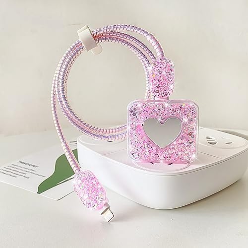 DIY Cable Protector Compatible for Apple iPhone Charger with Mirror,Cute Glitter Bling Love Heart Design,Data Line USB Case Wire Cable Saver Phone Charger Protector for iPhone (Pink)
