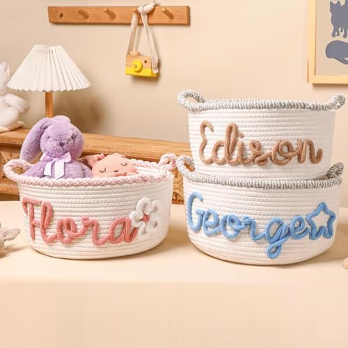 Personalized Baby Name Basket Custom Easter Cotton Rope Diaper Caddy & Nursery Storage Organizer Bin for Baby Birthday Shower Gift, Newborn Essentials, Kids' Bedroom Bathroom Decor (Style E)