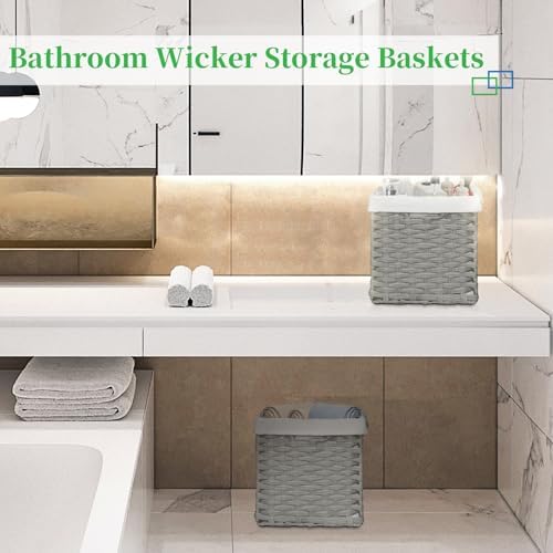 Bidtakay Wicker Cube Baskets with Liners Cube Storage Organizer for Shelves Closet 11 inch 2 Pack Decorative Hand-Woven Imitation Wicker Storage Bins for Organizing Pantry Bedroom Light Grey