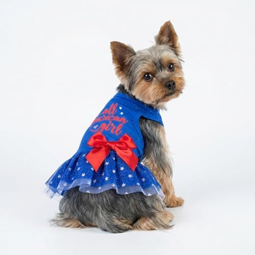 Fitwarm All American Girl Dog Dress - Patriotic Tulle Dress for Small Dogs, Royal Blue, Red, White