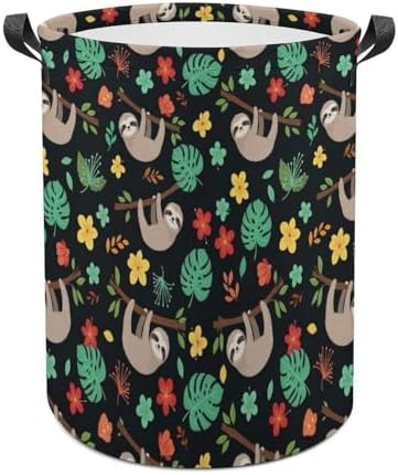 Foldable Waterproof Laundry Basket Floral Flowers Cute Branch Sloth, Portable Hamper with Handles for Clothes, Toy, and Bedroom Organization