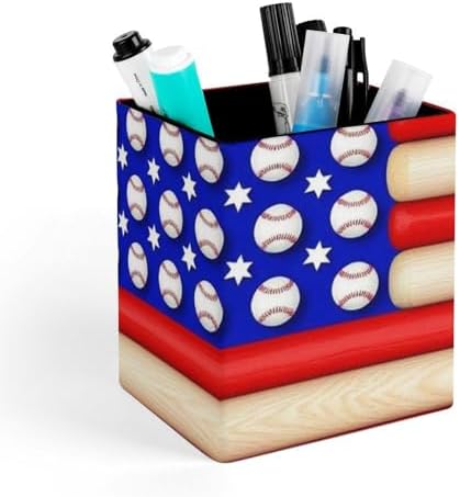 Fashion Leather Pen Holder Desktop Stationery Organizer Makeup Brush Cup American Flag Baseball Bats And Balls