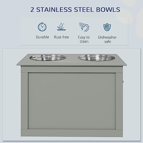Elevated Dog Feeder with Storage 2 Stainless Steel Bowls Stand for Large Dogs Raised Feeding Station for Joint & Spine Health MDF Frame in Neutral Gray Pet Food Organizer