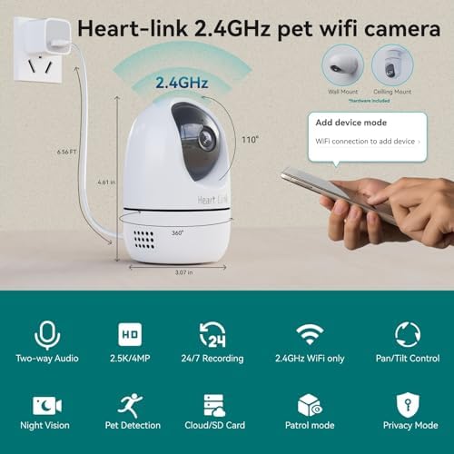 Heart Link Indoor Camera, 2.5K Pet Camera with Speaker for Dogs and Cats, 90-Day Cloud Storage, Phone App, AI Human & Pet Detection, 360° View, Night Vision, 2-Way Audio