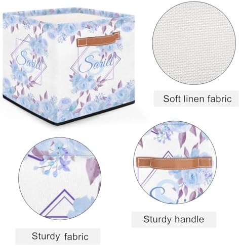 Personalized Storage Baskets for Organizing, Foldable Storage Bins with Handles Custom Cute Basket for Boys, Girls, Pet, Clothes, Blanket, Bedroom Nursery Toy Storage Gift,13 x13 x13 Inch, Blue Flower