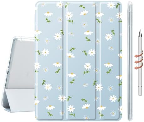 Cute White Floral Case for 8.3" iPad mini 6, Clear TPU Smart Stand Back Cover with Pencil Holder, Auto Wake/Sleep Foldable Four-Corner Shockproof Protective Case