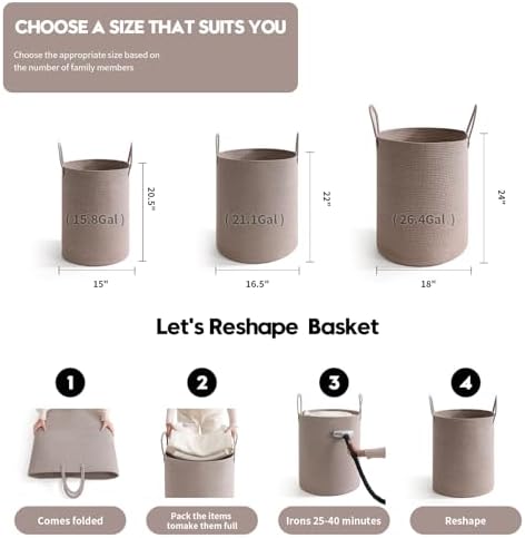 Laundry Basket Hamper Tall Rope Storage Woven for Blanket toys Dirty Clothes in Living Room Bathroom Bedroom (Tan, 60L/15.8Gal)