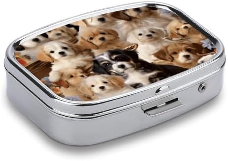 Travel Portable Pill Box with Mirror Cute Pet Dogs Printed Rectangular Medicine Box 2 Compartment Medicine Case Vitamin Pill Organizer for Fish Oils Supplements