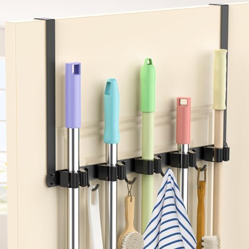 Broom Holder Over The Door with 4 Over Door Hook, Drilling Free Mop - Black | Save Space, Metal Mop and Broom Storage Wall Mount Broom Storage Tool Organizer for Laundry Room Garage Kitchen Bathroom
